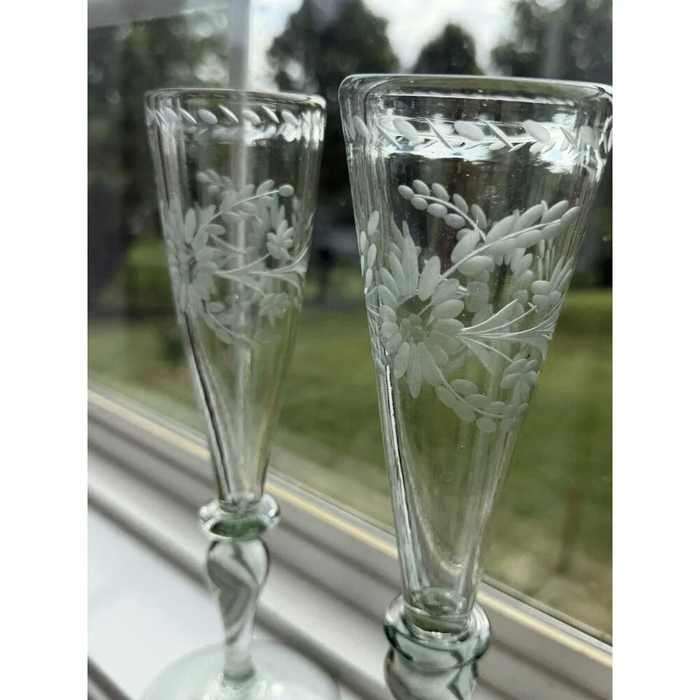 Rios Interiors Hand Blown Etched Champagne Flutes Set of 2 Floral Glass 10” Boho
